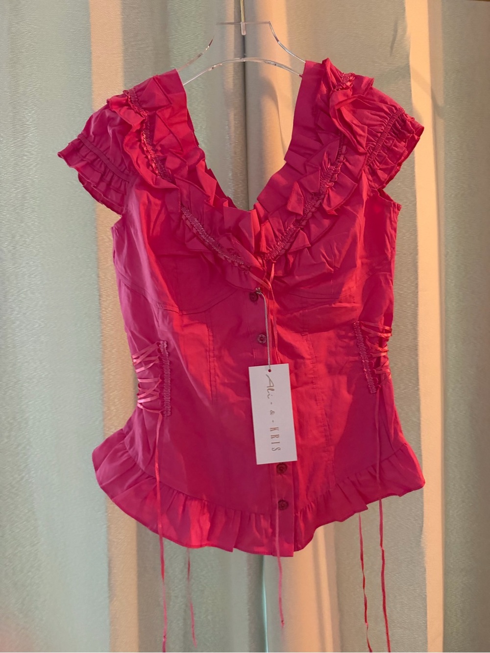 Ali & Kris Bright Pink Ruffled Cap-Sleeve Blouse